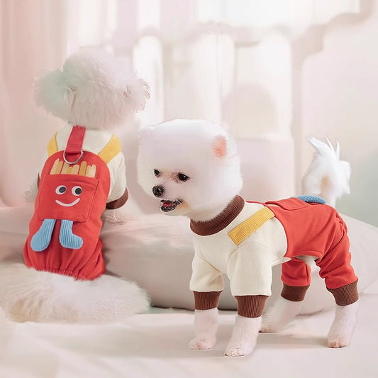 犬用の服 ペット 四脚の服 ビション・フリーゼ テディ犬 ペット用 小型犬 サスペンダーパンツ 引き用 薄手 春物 コットン 快適 かわいい アカ FZ-N005