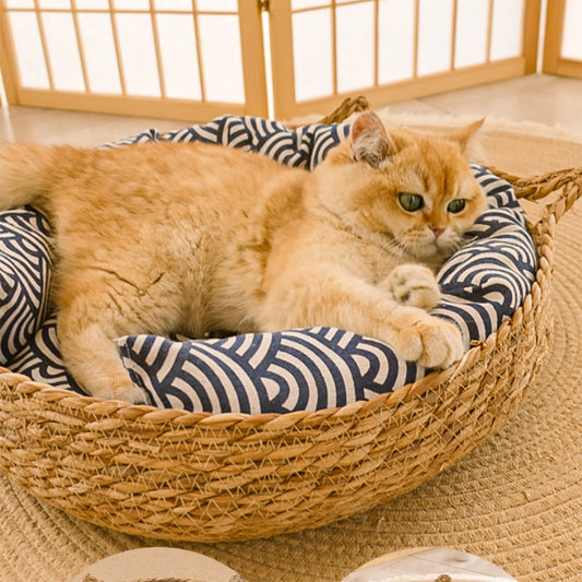 猫用ベッド 藤製キャットハウス 犬用ベッド 四季対応 いぐさ ペット用マット 爪とぎ ペット用ベッド 水洗いできる 快適 ほこりや毛が出にくい 耐摩耗性 通気性が良い おしゃれな ブルー MW-N022