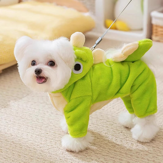 犬用ウェア　フランネル　オールインワン　ペット用つなぎ　猫用ウェア　ペット用　中小型犬　秋冬用　厚手　快適　保温　裏地付き　柔らかい　かわいい　グリーン　FZ-N001