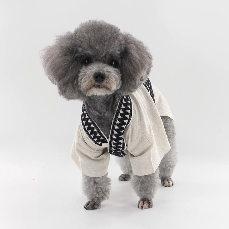 ペット　春夏　薄手　チャイニーズスタイル　漢服　ペット用　テディ　小さな服　コットンリネン　浴衣　通気性　ファッション　ペット用の服　かわいい　グレー　FZ-N008