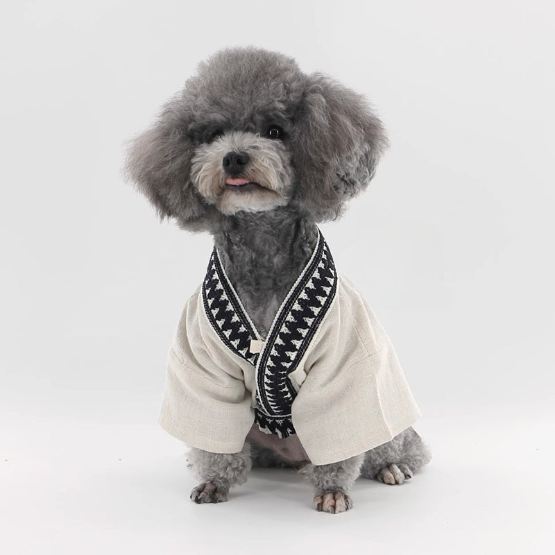 ペット　春夏　薄手　チャイニーズスタイル　漢服　ペット用　テディ　小さな服　コットンリネン　浴衣　通気性　ファッション　ペット用の服　かわいい　グレー　FZ-N008