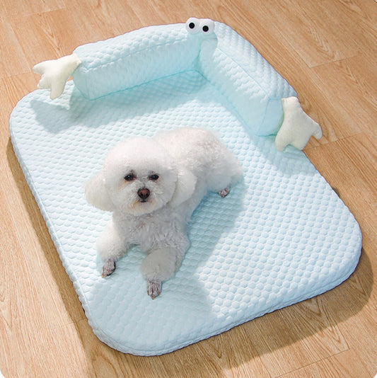 犬用ベッド　冷感ベッド　ペット用ベッド　四季対応　猫用ベッド　寝床　中小型犬　ペット用　洗える　快適　首の骨を守る　ふわふわ　蒸れずに涼しい　かわいい　ブルー　GW-N022