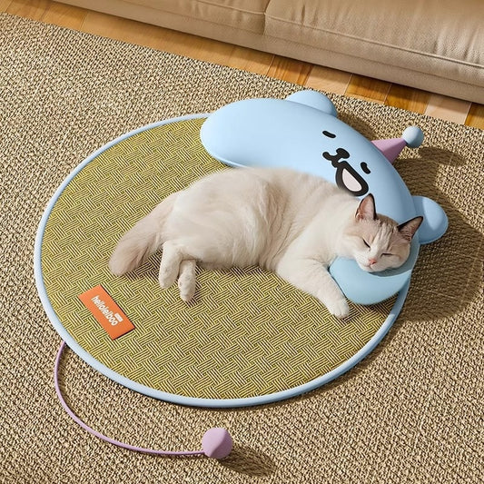 猫用ベッド　涼感マット　睡眠用　四季対応　スエード　犬用ベッド　夏　ペット用　通気性が良い　快適　爪とぎに強い　首サポート　滑り止め　かわいい　ブルー　MW-N014