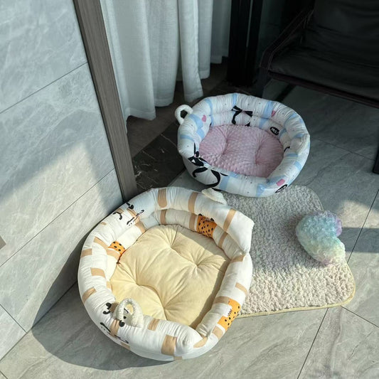 猫用ベッド　ペット用マット　キャラクター　バスケット型のペットベッド　春夏　ペット用　中小型犬　綿100%　高めの囲い　柔らかい　耐久性が高い　厚手　キャラクター　耐久性のある　グレー　MW-N017