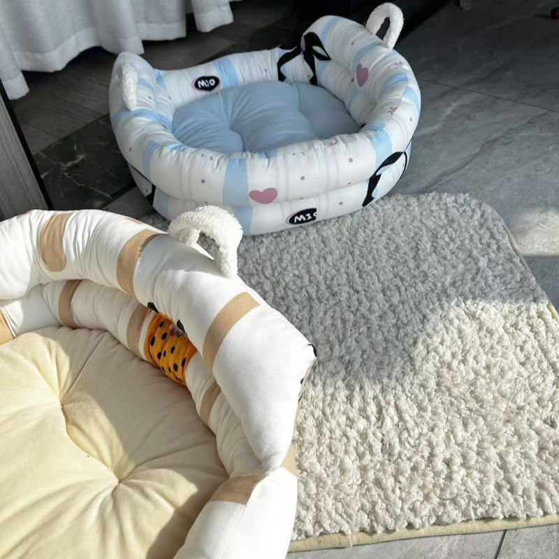 猫用ベッド　ペット用マット　キャラクター　バスケット型のペットベッド　春夏　ペット用　中小型犬　綿100%　高めの囲い　柔らかい　耐久性が高い　厚手　キャラクター　耐久性のある　グレー　MW-N017
