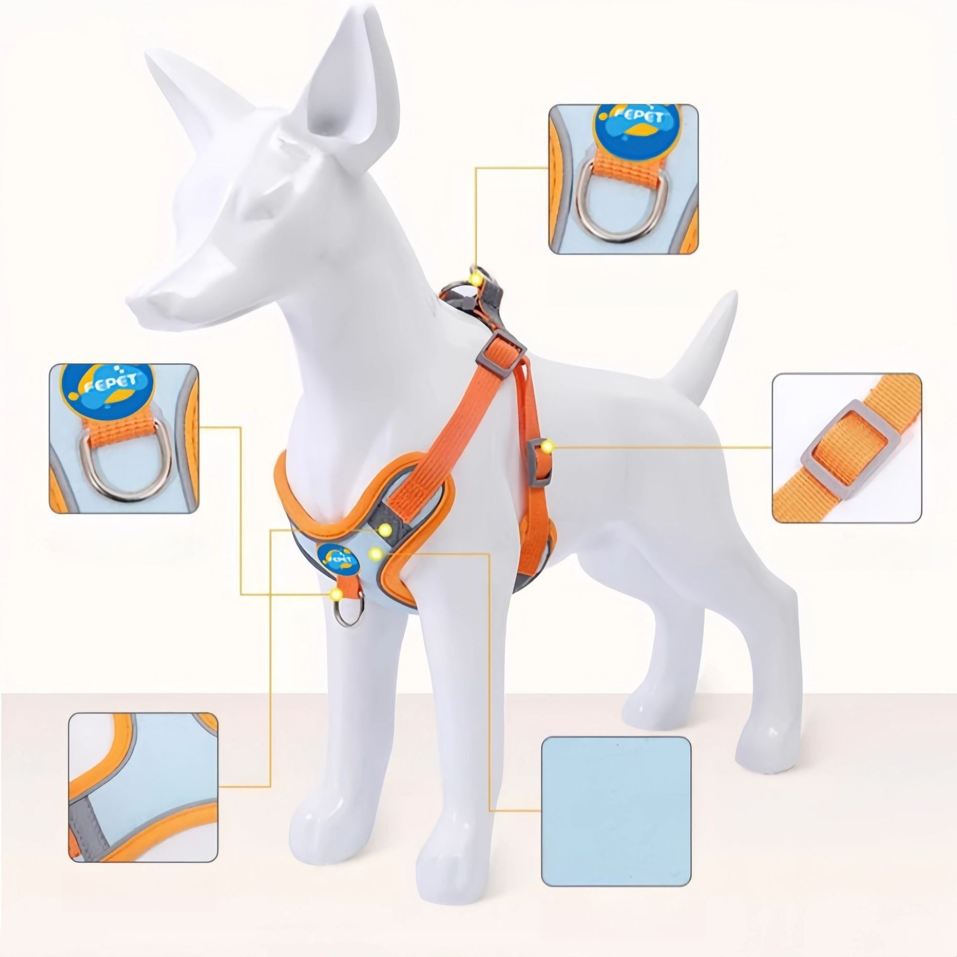 犬用リード　ベストタイプ　ドッグチェーン　散歩リード　胸バックル　ペット用　中小型犬　牽引リード　通気性良い　快適　反射素材　調節可能　締め付けない　柔らかい　オレンジ　QYS-N006