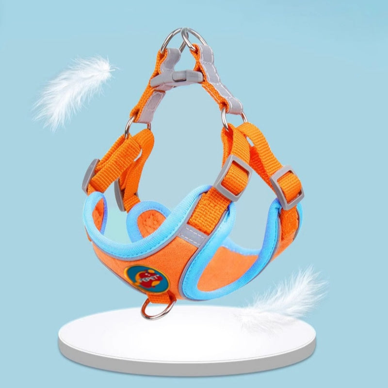 犬用リード　ベストタイプ　ドッグチェーン　散歩リード　胸バックル　ペット用　中小型犬　牽引リード　通気性良い　快適　反射素材　調節可能　締め付けない　柔らかい　オレンジ　QYS-N006