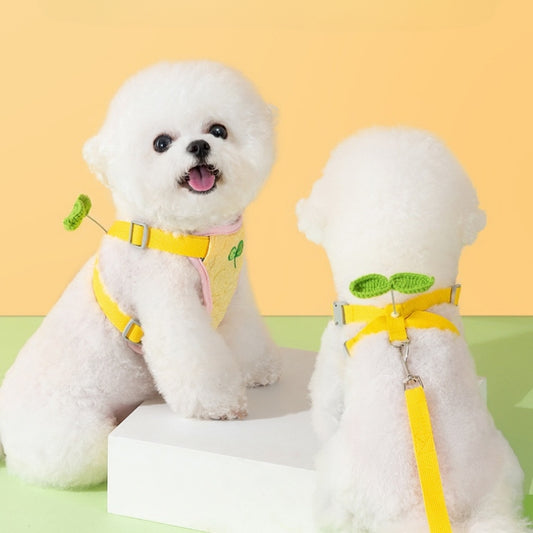 犬用リード　胸当てタイプ　ハーネス　ペットのお出かけ　犬の散歩ロープ　牽引ロープ　中小型犬　ペット用　調節可能　快適　耐久性のある　通気性が良い　軽量　かわいい　イエロー　QYS-N009