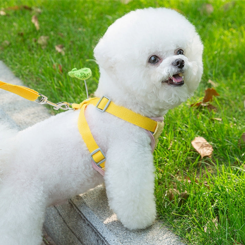 犬用リード　胸当てタイプ　ハーネス　ペットのお出かけ　犬の散歩ロープ　牽引ロープ　中小型犬　ペット用　調節可能　快適　耐久性のある　通気性が良い　軽量　かわいい　イエロー　QYS-N009