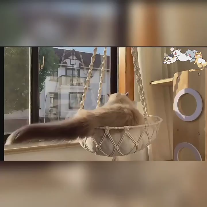 編み猫ベッド　ボヘミアンスタイル　夏用　吊り下げ飾り　ブランコ　ペット用　吊り下げペットベッド　ハンモック　通気性良い　耐荷重強　コットン　軽量　エコな　おしゃれな　ベージュ　MW-N018